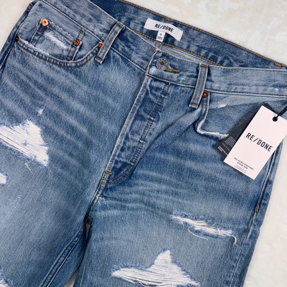 RE/DONE 70s Ultra High Rise Stove‎ Pipe Jeans 26 Blue Distressed Straight Grunge